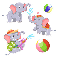 Set of elephant with songkran festival element design Vector