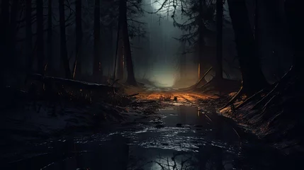 Foto op Plexiglas Bosweg Mysterious forest with a moonlit path fog and a Halloween backdrop hint