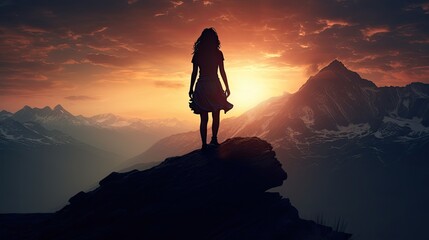 Girl s shape on top of a mountain
