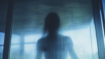 Mysterious woman behind frosted glass symbolizing isolation or sadness