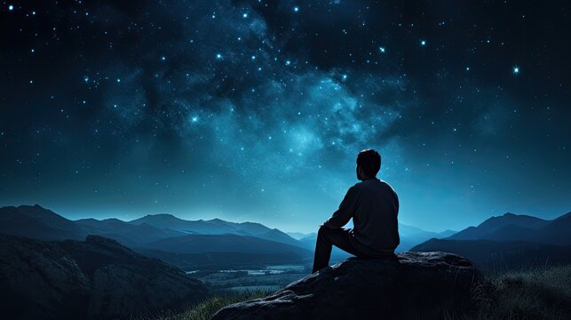 Silhouette of young man sitting on a cliff with starry night sky behind Symbol of purpose and success