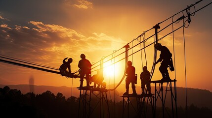 High voltage tower work for installing wires and equipment