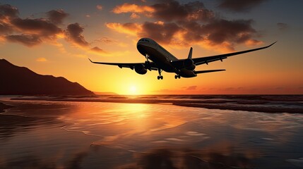 Naklejka na ściany i meble An aircraft is soaring above the ocean during sundown