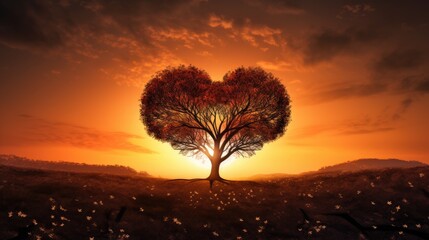Fototapeta na wymiar Tree silhouette atop sunlit mound heart shaped symbolizing love
