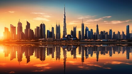 Fototapeta na wymiar Dubai city buildings profile at sunset in the United Arab Emirates