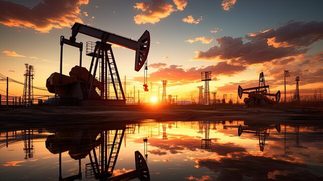 In the evening at an oil field site the beam pumping unit silhouetted against a beautiful sunset is seen along with the reflection in the water