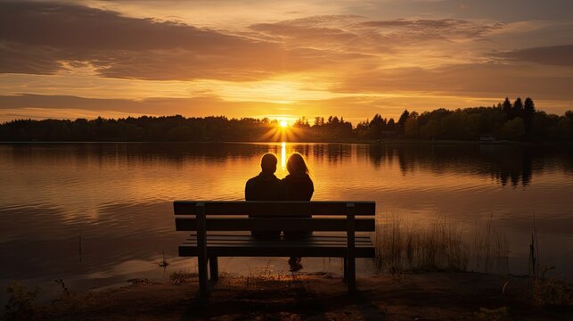 Two people sitting on a bench on a dock admiring the sunset over a lovely lake in Minnesota on a calm and peaceful evening in golden hour