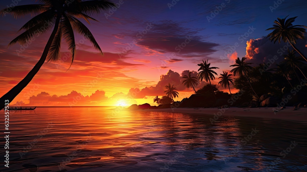 Wall mural tropical beach adorned by palm tree silhouettes during a magical sunset