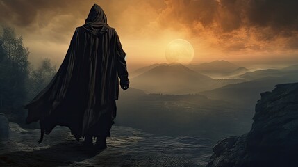 Silhouette of a medieval traveler standing on a mountain wearing a hooded cloak - obrazy, fototapety, plakaty