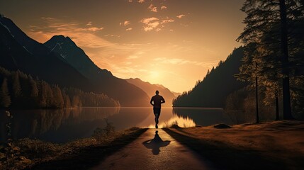 Fototapeta na wymiar man jogging beside the lake