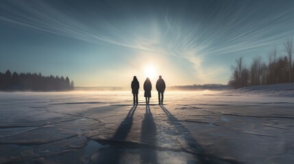 Three people against a frozen lake sky and sun
