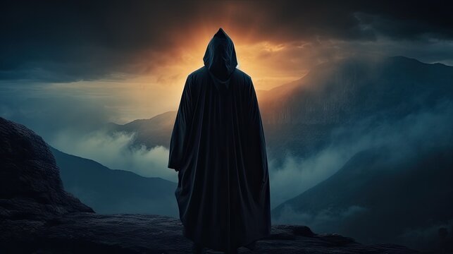 Silhouette of a medieval traveler standing on a mountain wearing a hooded cloak