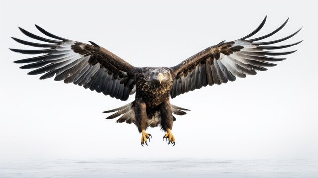 Silhouette of majestic white tailed eagle in flight against a white background in Hokkaido Japan captured in a stunning long exposure photo perfect for wallpaper or wildlif © HN Works
