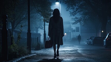 A single young woman walking home in a dark park at night feeling scared and surrounded by a gloomy atmosphere as seen from behind