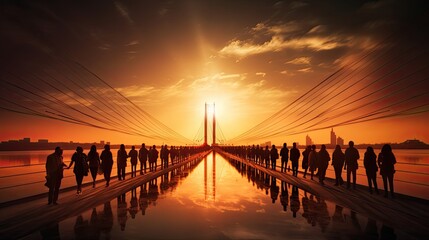 Many tourists walking on the cable stayed bridge create a beautiful silhouette against a dreamy...