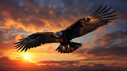 Fototapeta na wymiar Silhouette of majestic sea eagle flying at sunrise in Hokkaido Japan isolated bird silhouette against colorful sky and clouds as wallpaper