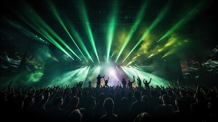 Fototapeta na wymiar Crowded concert hall with green stage lights rock show people silhouette colorful confetti explosion in the air at a festival