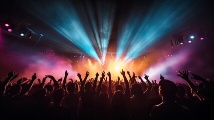 Cheering crowd illuminated by vibrant stage lights at concert