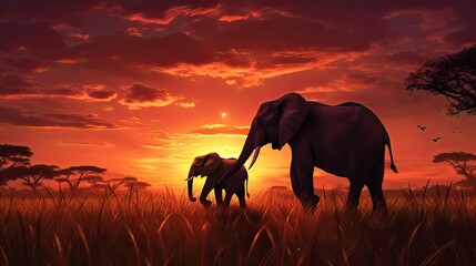 Fototapeta na wymiar Mother and baby elephants silhouettes during an African sunset