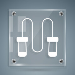 White Jump rope icon isolated on grey background. Skipping rope. Sport equipment. Square glass panels. Vector