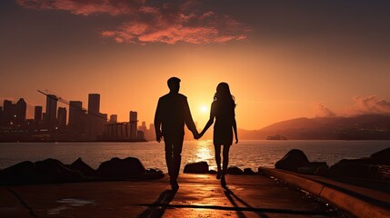 Romantic couple holding hands enjoying sunset at Western District Public Cargo Working Area Kennedy Town Victoria Harbour Hong Kong - obrazy, fototapety, plakaty