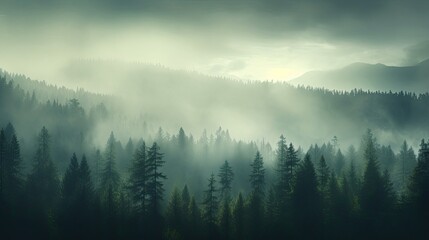 A dreamlike summer landscape with ancient pine tree silhouettes in a morning fog surrounded by a panoramic view of majestic evergreen forest Sun rays add an atmospheric tou