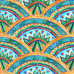 Seamless watercolor pattern. Print for textiles in bohemian style. Grunge texture with fabric imitation. Handwork with paints on paper. - 632557933