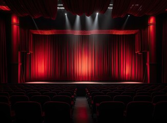 Darkened empty movie theatre and stage with the red curtains drawn viewed over rows of vacant seats from the rear Created with Generative AI technology.