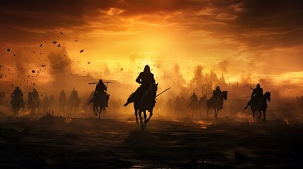 Warriors on foggy sunset background fighting in a medieval battle scene with cavalry and infantry - obrazy, fototapety, plakaty
