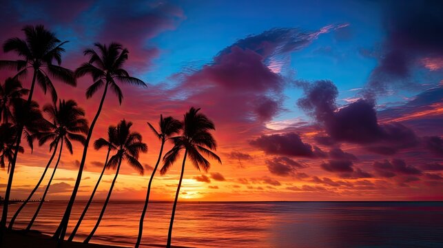 Colorful dramatic sunset sky over Waikiki with palm tree silhouettes ocean foreground