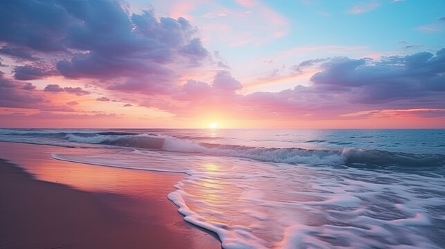 Romantic tropical vacation with stunning sunset above the sea or ocean enchanting colors and magical light Delicate clouds in the sky sun reflecting on the water and sandy