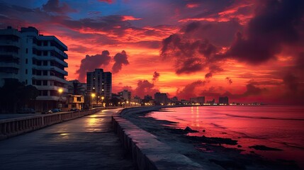 Sunset clouds over Malecon promenade street and Vedado district Havana Cuba
