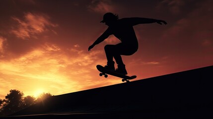 Skatepark silhouette of a jumping skateboarder