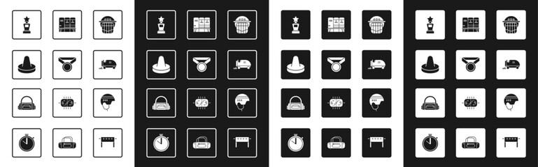 Set Hockey helmet, Medal, Mallet for playing air hockey, Award cup, Ice resurfacer, Locker changing room, and Sport bag icon. Vector