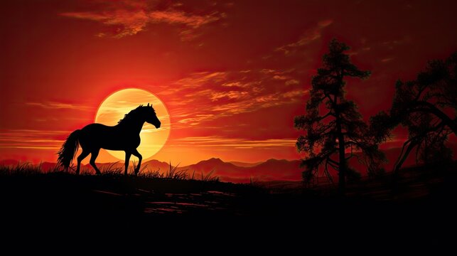 A horse silhouette grazing at sunrise with a vibrant backdrop