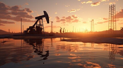 At twilight oil pumps work as their silhouette reflects against the water creating a beautiful scene