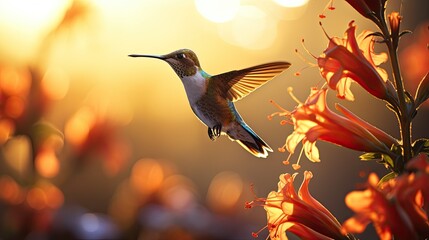 Flower backlit as hummingbird hovers