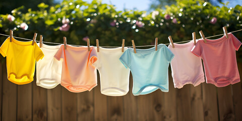  childrens colorful clothing dries on a clothesline in the yard outside in the sunlight. protection against colored cloth fading. Organic baby detergents and washing Sun-Kissed Freshness: Clothesline 