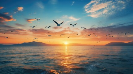 Gorgeous Thai sunset with seagull silhouettes flying over the sea