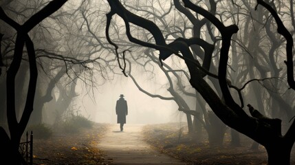 A man in a gray coat and hat walks in a magical garden an autumn park with barren trees Fog...