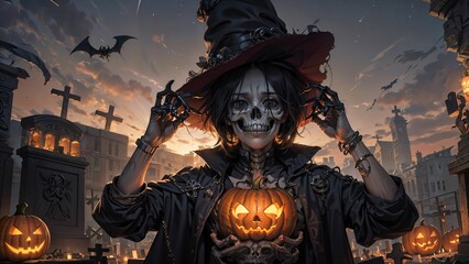 Exploring Symbols of Death and Ritualistic Ambiance Among Skeletons, Jack-o'-Lanterns, and Nighttime Mysteries in the Halloween Cemetery ai generated