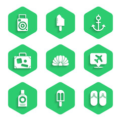 Set Scallop sea shell, Ice cream, Flip flops, Speech bubble with airplane, Sunscreen spray bottle, Suitcase, Anchor and Photo camera icon. Vector