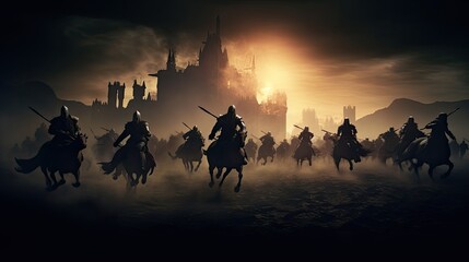 Fototapeta na wymiar Dark medieval battle scene with silhouetted cavalry and infantry warriors fighting in front of a foggy castle