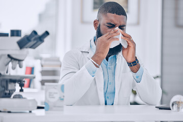 Scientist, man and sick nose in laboratory of cold, allergies and medical virus. African worker,...