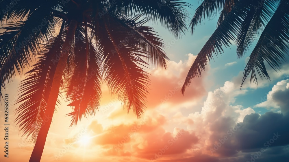 Aufkleber silhouette palm tree against sunset sky with abstract background vintage filter effect