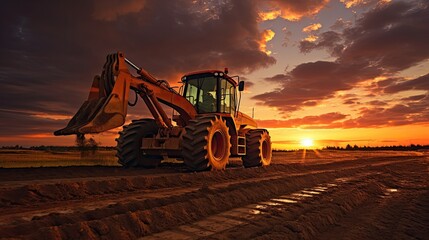 Excavator working during sunset against cloudy background in a field operated by machinery during planting or harvest season