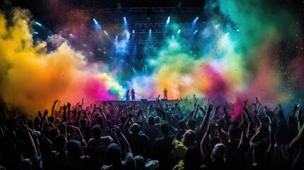 Crowded concert hall with green stage lights rock show people silhouette colorful confetti...