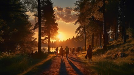 People are leaving the forest at sunset with a road and lovely light in the background