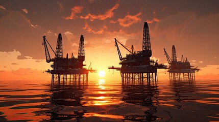 Fototapeta na wymiar Silhouetted oil rigs in sunset backdrop