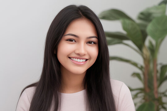 Closeup photo portrait of a beautiful young asian woman smiling with clean teeth on gray background.